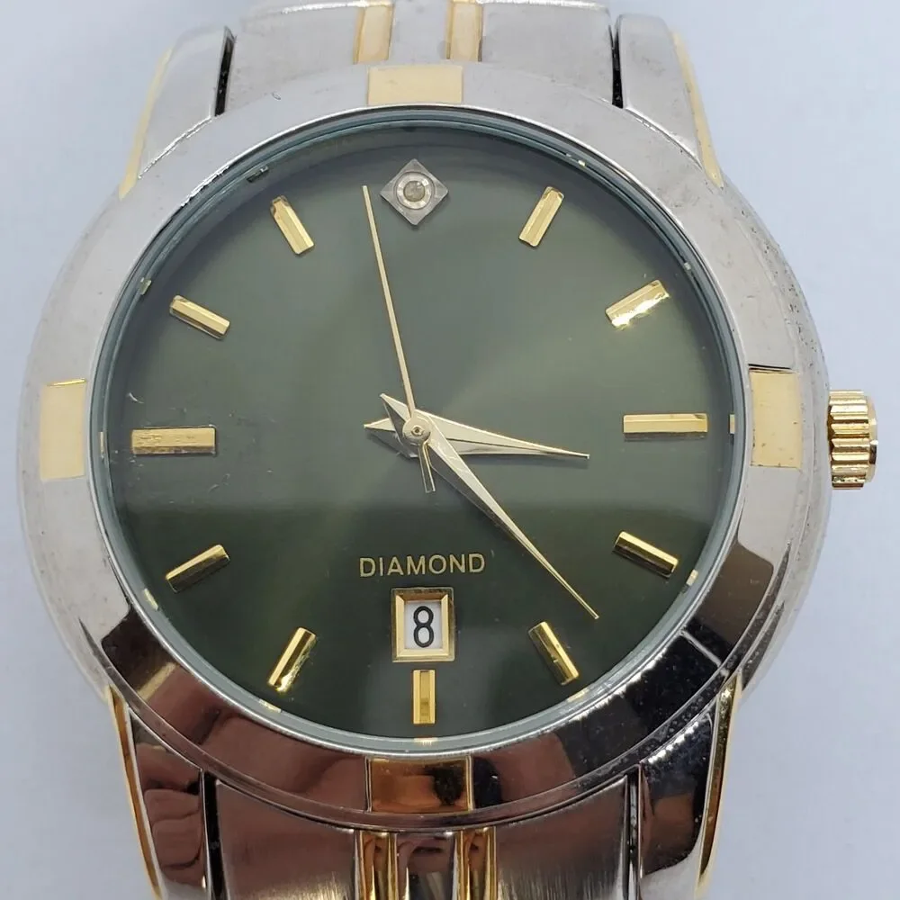 Men's Watch Diamond Accent 38MM Black‎ Dial Gold Gray Band Date 7